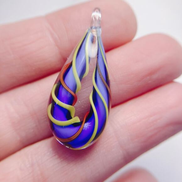 Handblown Murano Style Art Glass Teardrop Pendant Blue Red Lime Swirl Teardrop - Picture 3 of 4